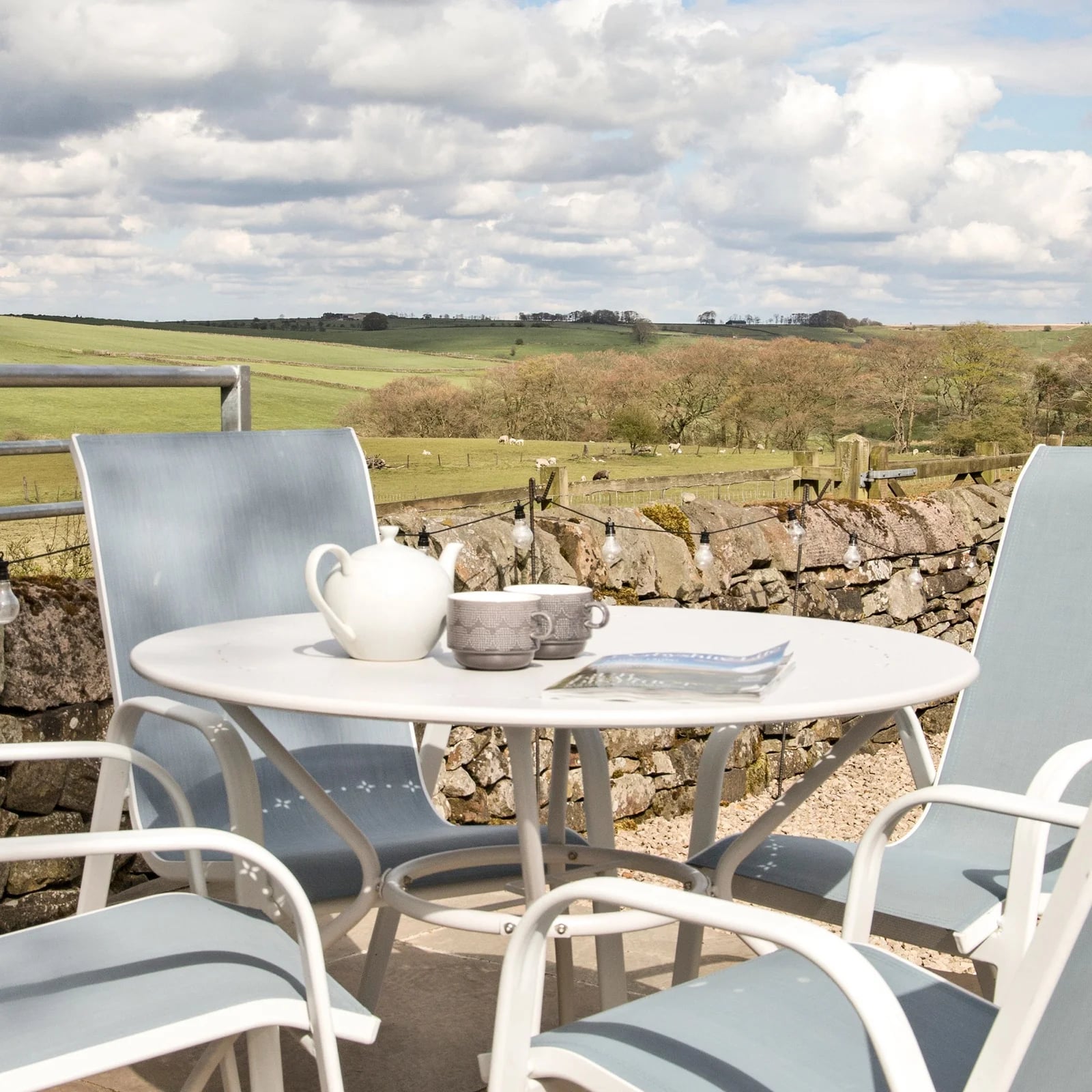 Tea on the terrace, looking out across open farmland