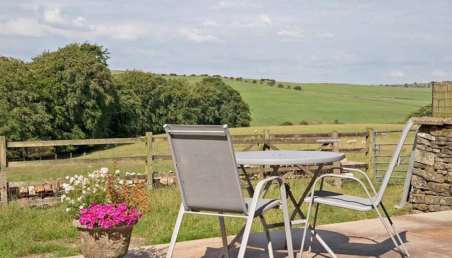 The terrace at Mixon View, looking out over open farmland