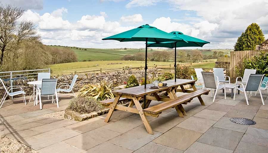 The terrace at Morridge View, seen from the picnic table