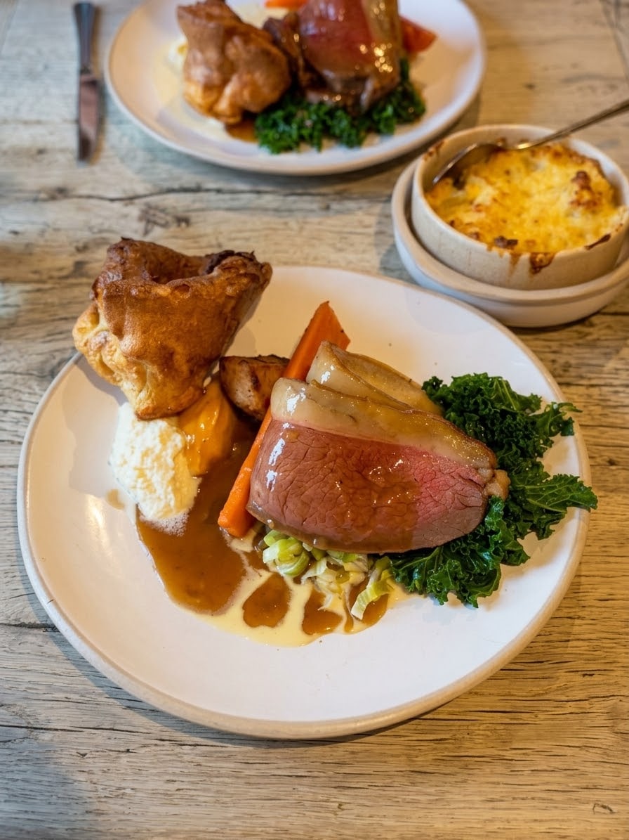 Roast beef with Yorkshire pudding, roasted carrot and gravy at the Blind Bull