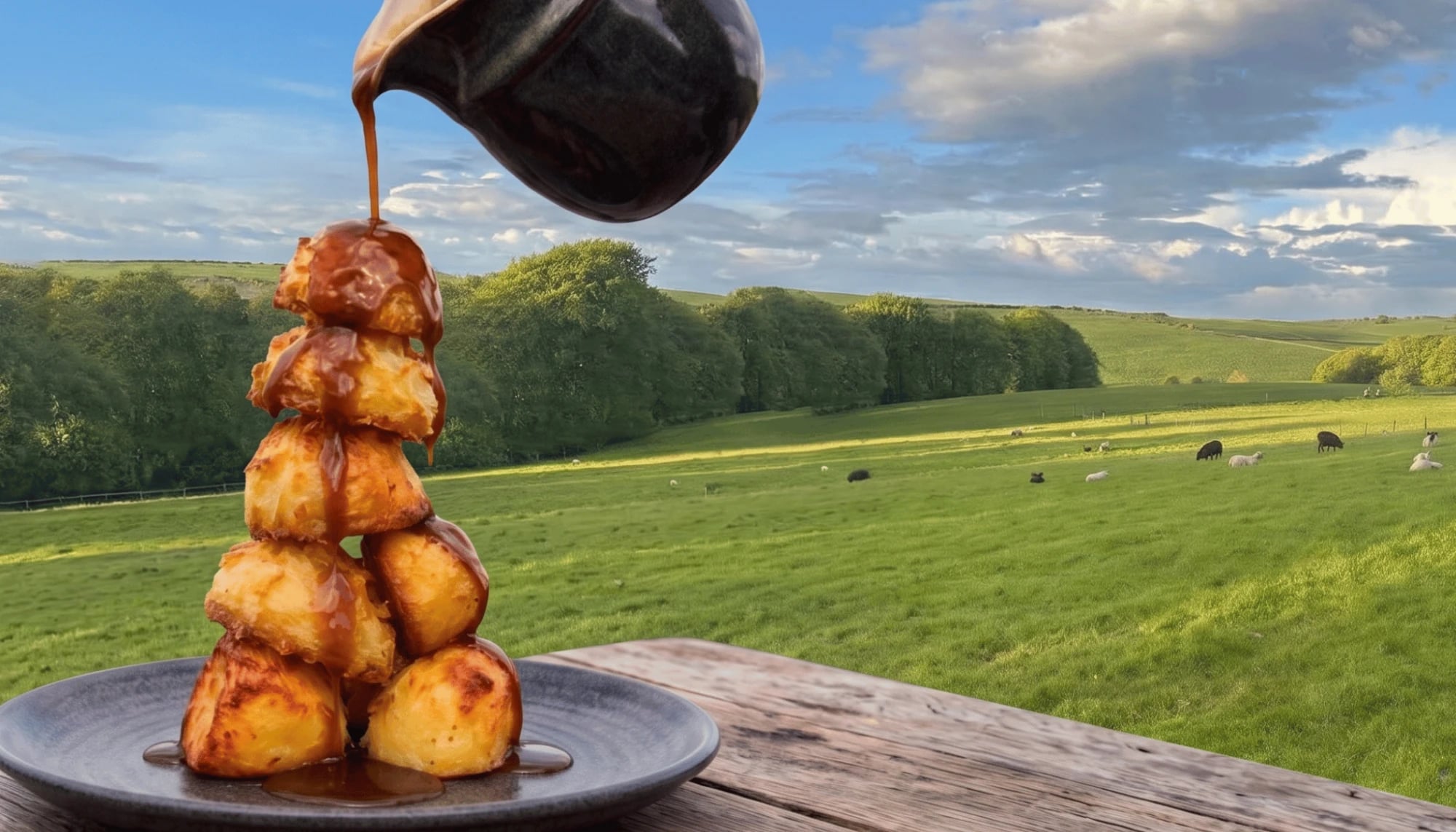 Gravy being poured over a tower of roast potatoes, with the fields at Lane Head behind