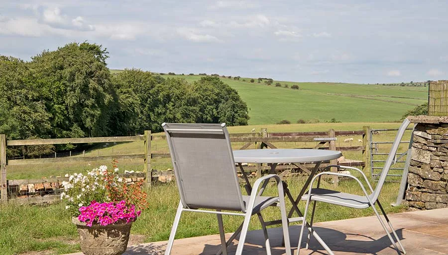 The terrace at Mixon View, looking out over open farmland
